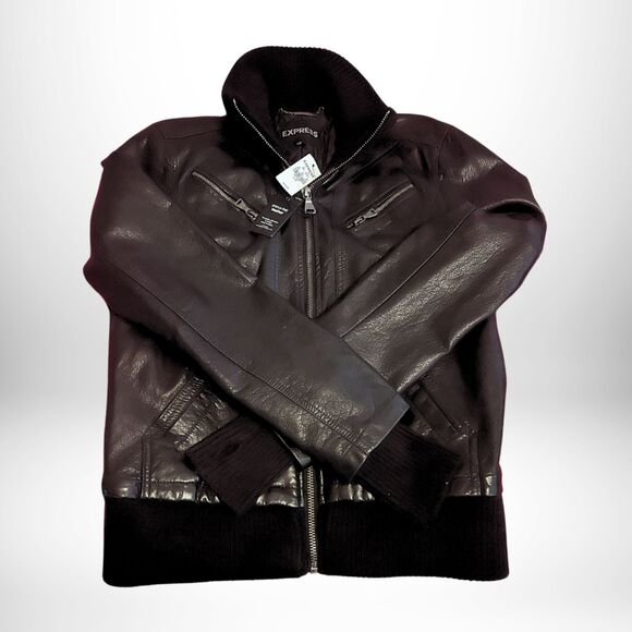 Express Black Biker Bomber Vegan Leather Jacket - Never Worn - Sz.L - Picture 5 of 5
